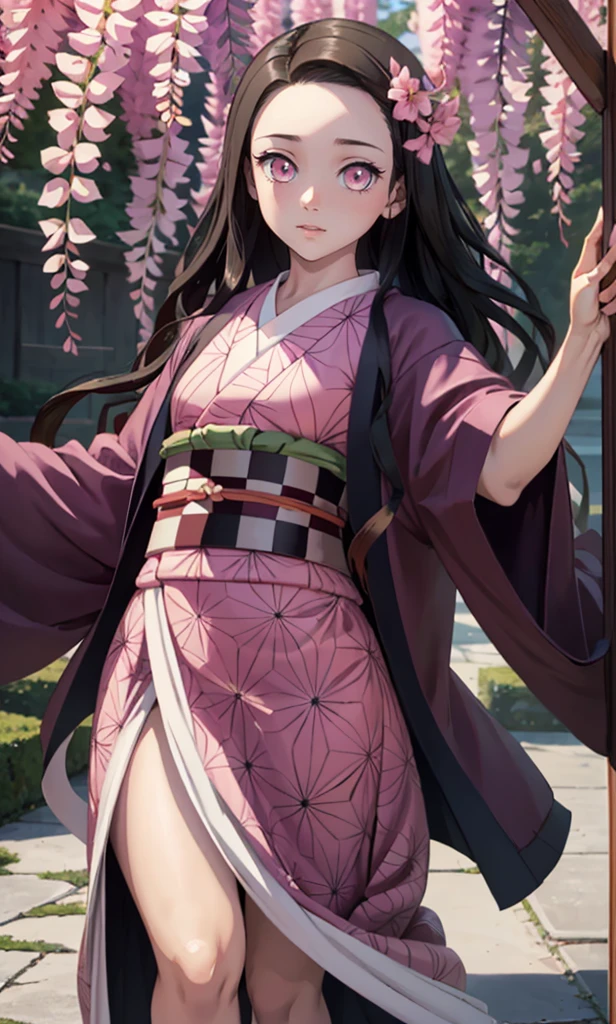 masterpiece, (pink kimono), seductive face, good lighting, low-cut, small details, masterpiece, glowing eyes, great body, geat curves, geat female body 1girl, black hair, on face, Nezuko Kamado, wisteria background, masterpiece, best quality, POV, different poses
