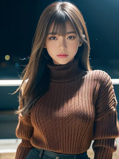 Product quality, 1 girl, (Cowboy Shot), Front view, Young and cute girl in Japan, At night, Wearing a black turtleneck knit swea...