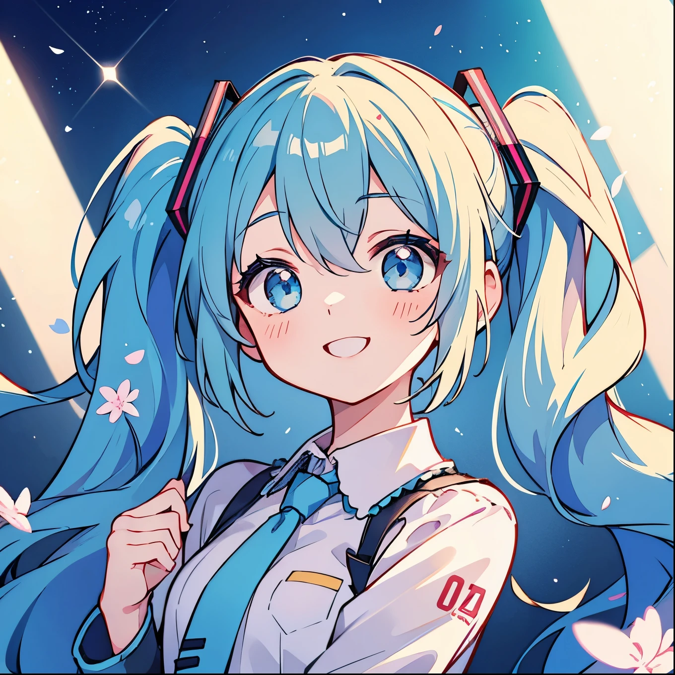 Una chica、Hatsune Miku、colas gemelas、sonrisa、Vistoso、Encantador、Pieza de aster iluminada por foco、de la máxima calidad、cara perfecta