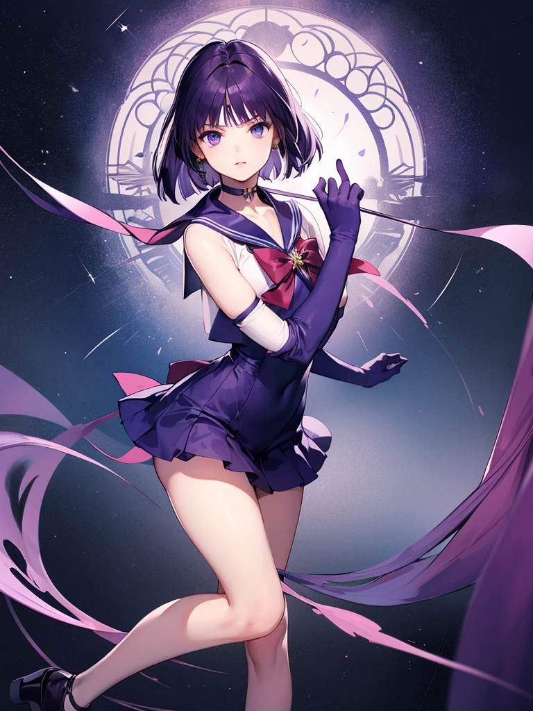 masterpiece, best quality, 1girl,solo, HotaruTomoe, (sailor Saturn , purple hair, short hair, elbow gloves, neck ribbon, bangs, long hair, circlet), looking through legs, full body,