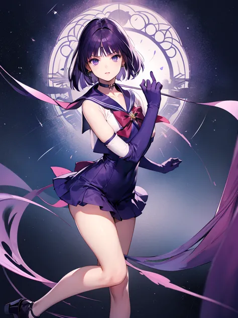 masterpiece, best quality, 1girl,solo, HotaruTomoe, (sailor Saturn , purple hair, short hair, elbow gloves, neck ribbon, bangs, ...