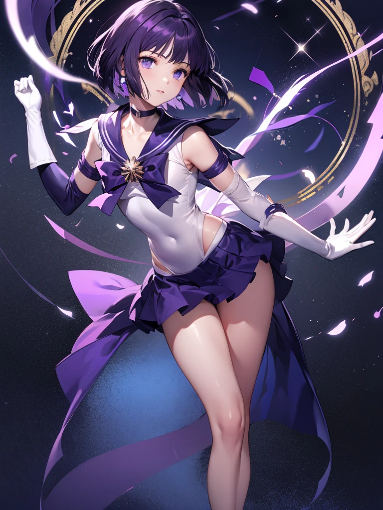 masterpiece, best quality, 1girl,solo, HotaruTomoe, (sailor Saturn , purple hair, short hair, elbow gloves, neck ribbon, bangs, long hair, circlet), looking through legs, full body,