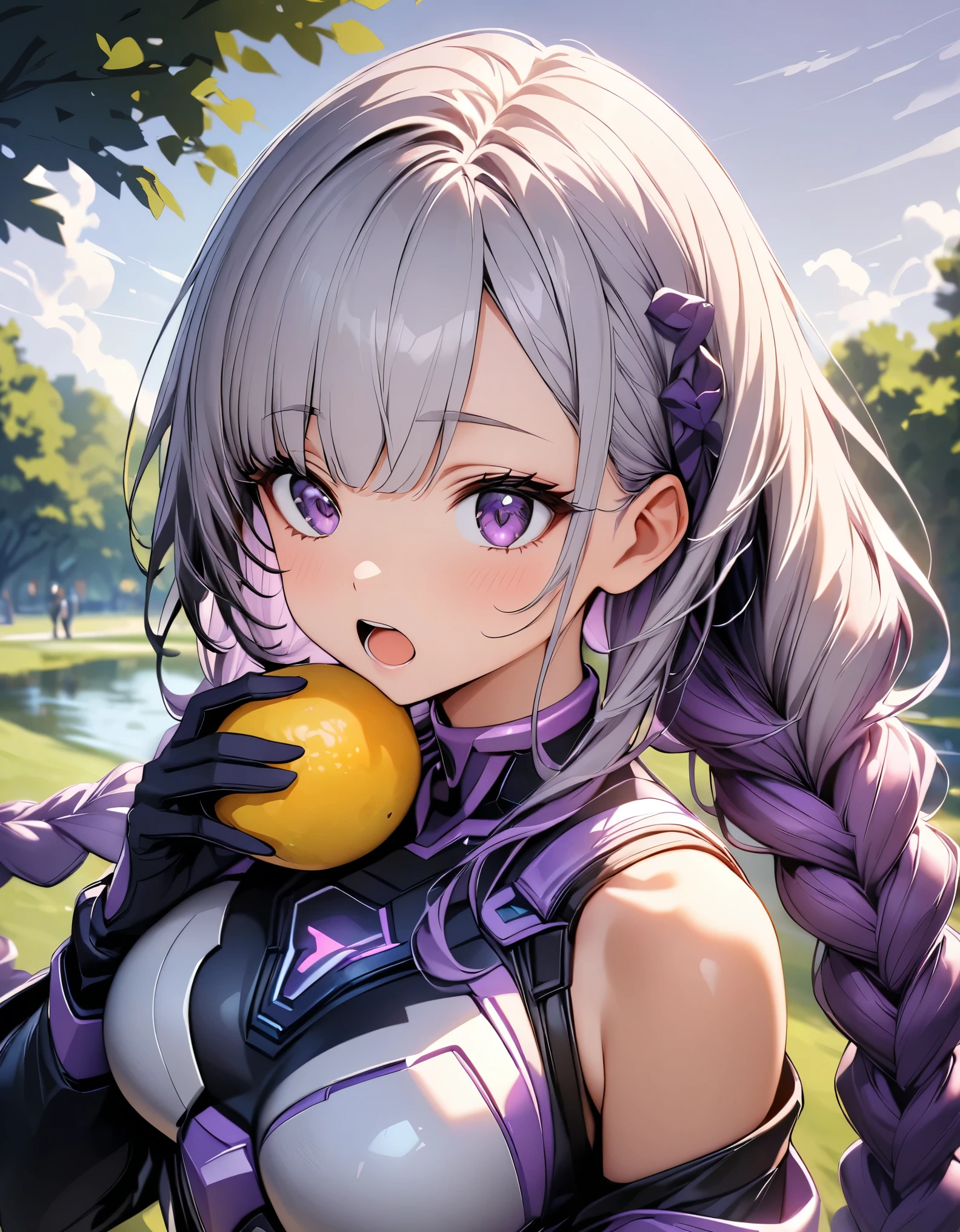 (highest quality:1.2, Very detailed, High detail, High Contrast, masterpiece:1.2, highest quality, Best aesthetics), 1 female, Cyber Suit, The sleeves are separated, Exposing shoulders, ((Gray Hair:1.4, Purple bicolor hair, Braided long hair, White and purple hair accessories:1.2, Dark purple bangs:1.1, Asymmetrical bangs)), Purple eyes, double eyelid, Detailed face, Loose braid, sour:1.2, Wrinkles between the eyebrows, endured face:1.2, , Front view, Cowboy Shot, (((Open your mouth, Chew lemon:1.2, Eating lemon))), Lush green park, Pond side:1.2, White cloud, Wide-angle lens.
