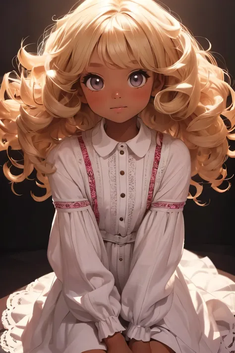 there is nothing, highest quality, girl, 10 year old cute girl , blonde, Curly Hair, Dark Skin，evil girl, dress