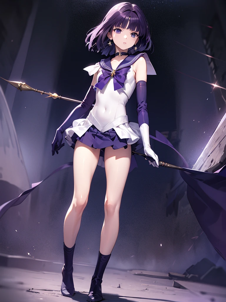 masterpiece, best quality, 1girl,solo, HotaruTomoe, (sailor Saturn , purple hair, short hair, elbow gloves, neck ribbon, bangs, long hair, circlet), looking through legs, full body, (flat chest)