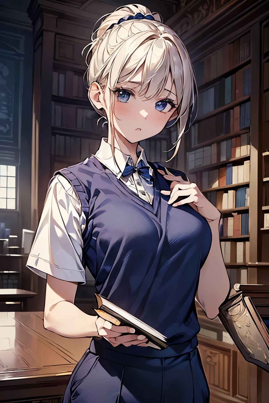 masterpiece、highest quality、Super detailed、An illustration、Beautiful detailed eyes、One girl、cute、Detailed landscape、Library Background、Platinum Blonde Hair、braided ponytail、((D cup breasts, Collared short-sleeved shirt:1.3, A navy blue vest with the school emblem on the chest, Navy blue slacks)), (Trying to reach a high-placed book:1.6)