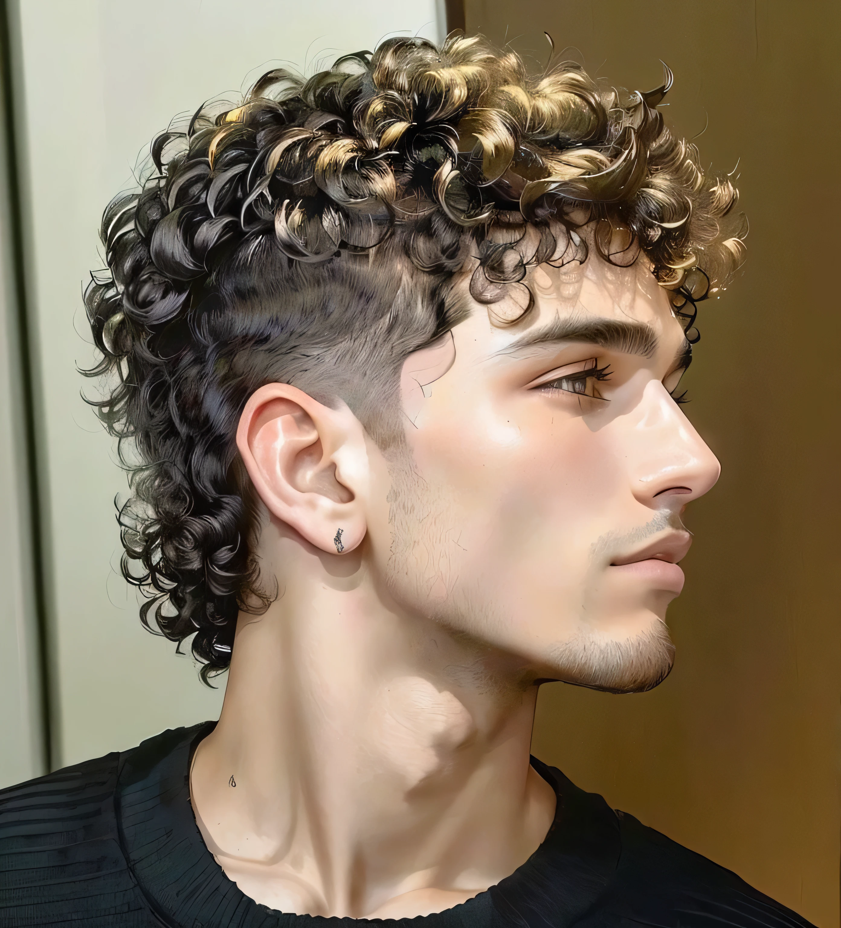 A close up of a man with a curly haircut and a black shirt - SeaArt AI