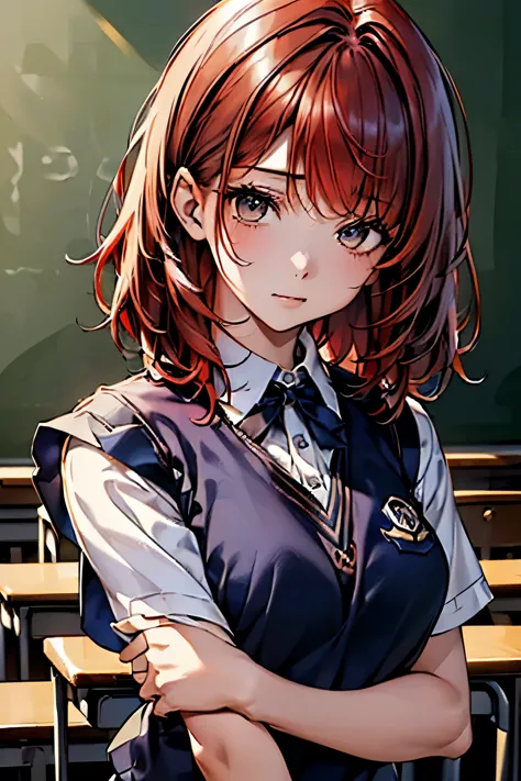 masterpiece、highest quality、Very detailed、An illustration、Beautiful fine details、One Girl、cute、Detailed landscape、Classroom blackboard background、(Red Hair、Medium Hair:1.6)、((D cup breasts, Collared short-sleeved shirt:1.3, A navy blue vest with the school...