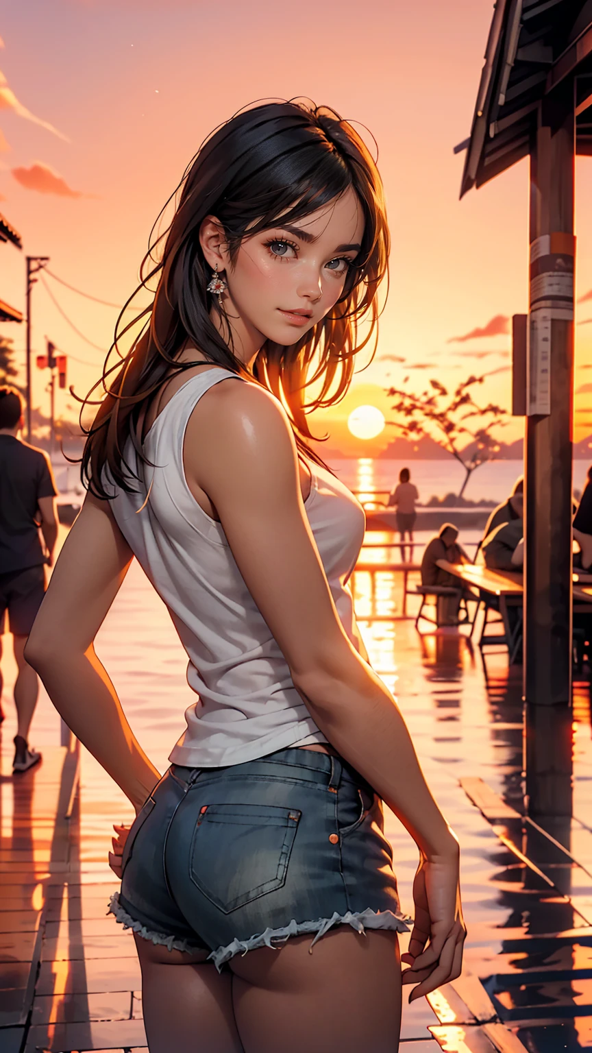 One girl, Photo Model, smile, Focus on your audience, Beautiful lighting, highest quality, masterpiece, Ultra-high resolution, Realistic, Black Hair, Short tank top, Shorts, Long Stockings, Medium chest, White skin,( Sunset background:1.4)