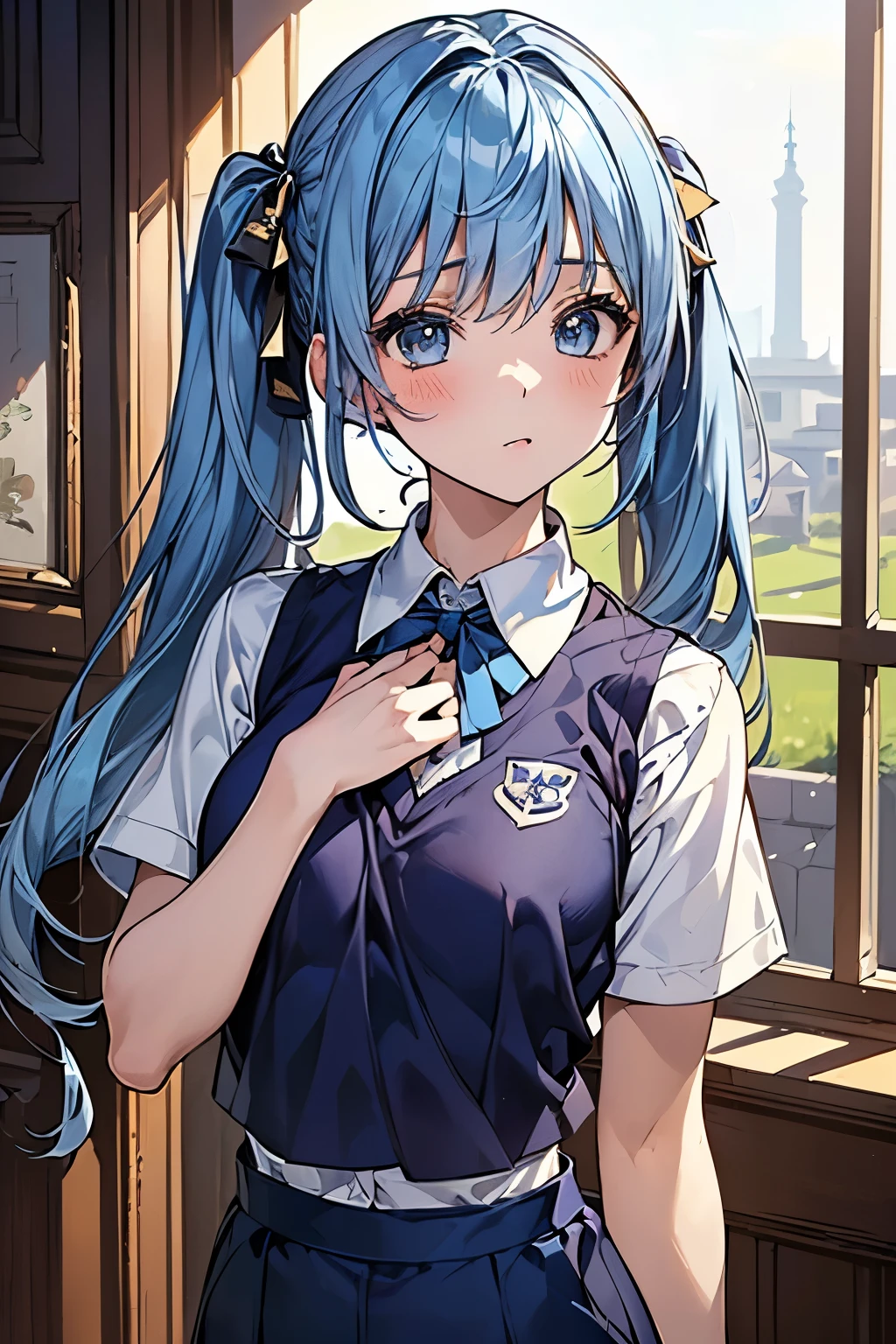 masterpiece、highest quality、Super detailed、An illustration、Beautiful detailed eyes、One girl、cute、Detailed landscape、Background of school grounds、(Light blue hair, Twin tails:1.4)、((D cup breasts, Collared short-sleeved shirt:1.3, A navy blue vest with the school emblem on the chest, Navy blue slacks))