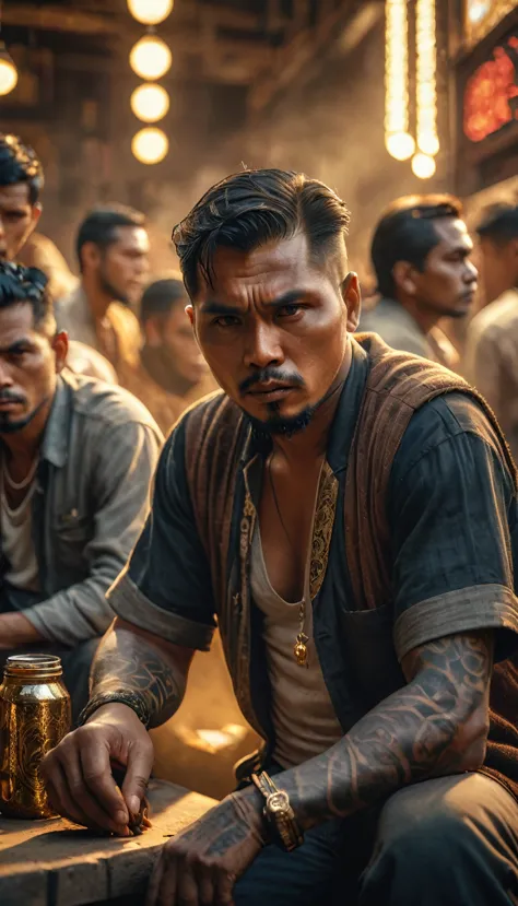 a group of menacing looking Indonesian thugs with tattoos, sitting in the market, terminal,
digital UHD (64k) image, cinematic f...