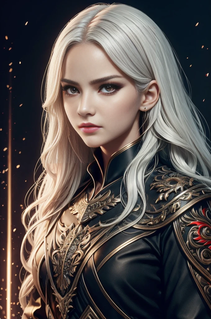 Portrait of a beautiful girl with wavy white hair, Wear a formal black dress with metallic parts, Red Eyes, Letter combination on background, number, Dark, 8K, Intricate details, High quality, 复古future风格, Sharp focus on the center, Soft colors, Art Station, (Science Fiction, future, future theme), (A contemptuous expression appeared on his face), (Detailed description)