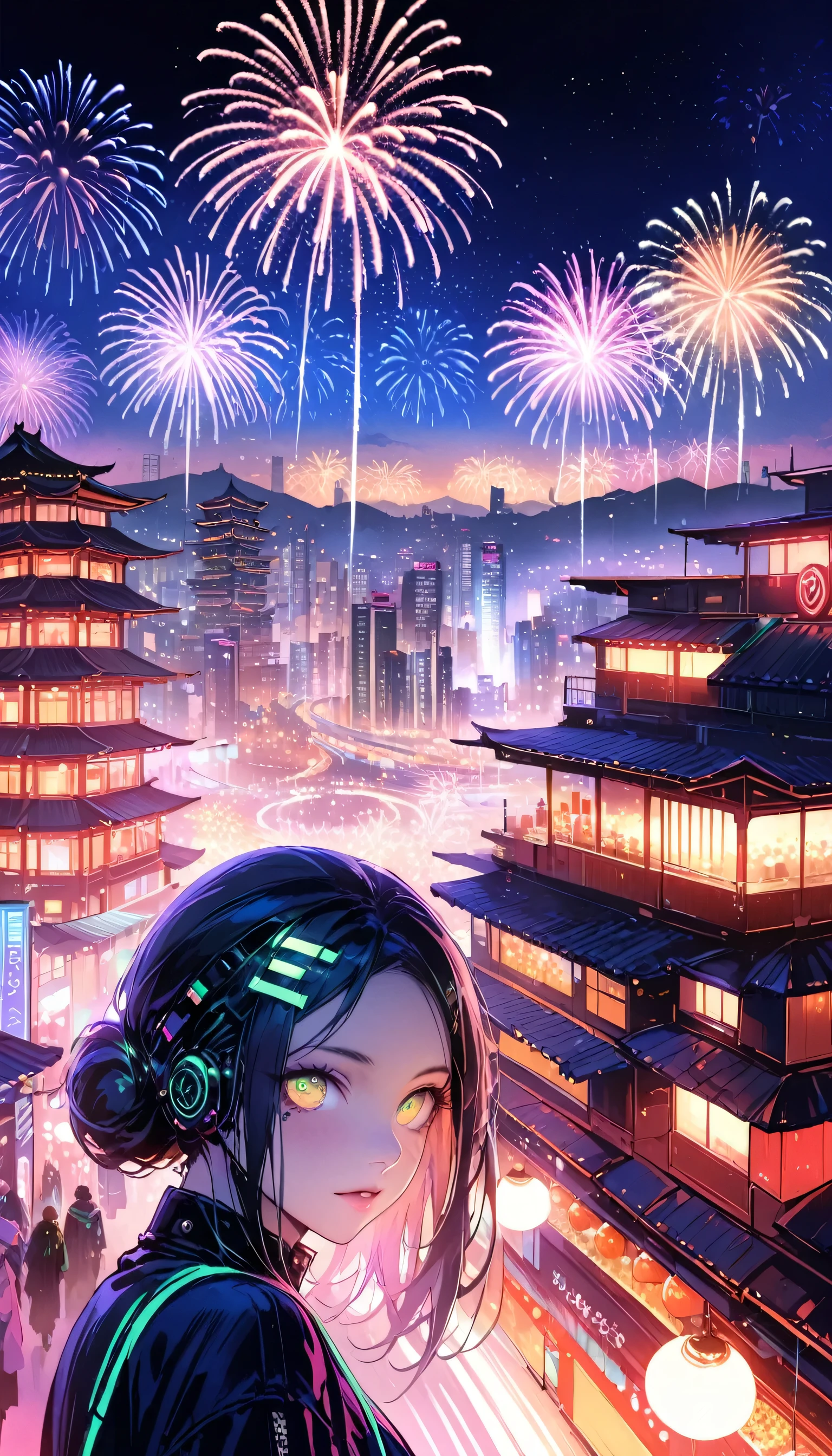 ((masterpiece)),((highest quality)),((High detail)),((Realistic,)) Future City, Architecture Street, Bazaar, cyber punk, European architecture, night, neon, Panorama view, Mr.々Building, new year, firework, Panorama, colorful firework, sky with firework, landscape, Detailed face, Detailed bright eyes, Highly detailed eyes