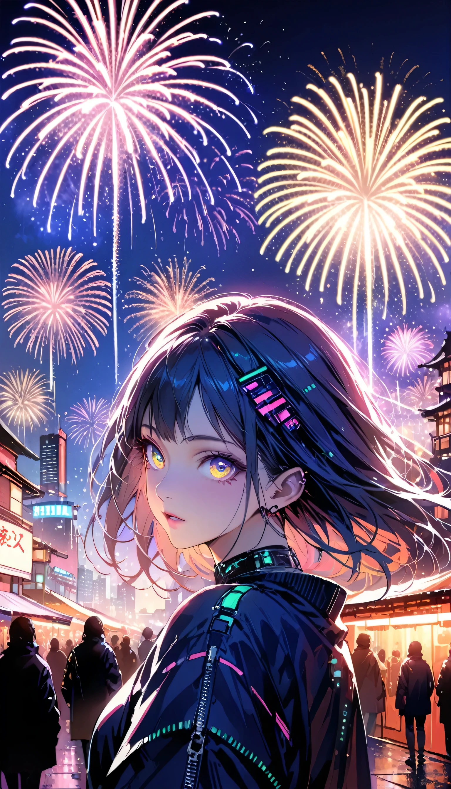 ((masterpiece)),((highest quality)),((High detail)),((Realistic,)) Future City, Architecture Street, Bazaar, cyber punk, European architecture, night, neon, Panorama view, Mr.々Building, new year, firework, Panorama, colorful firework, sky with firework, landscape, Detailed face, Detailed bright eyes, Highly detailed eyes