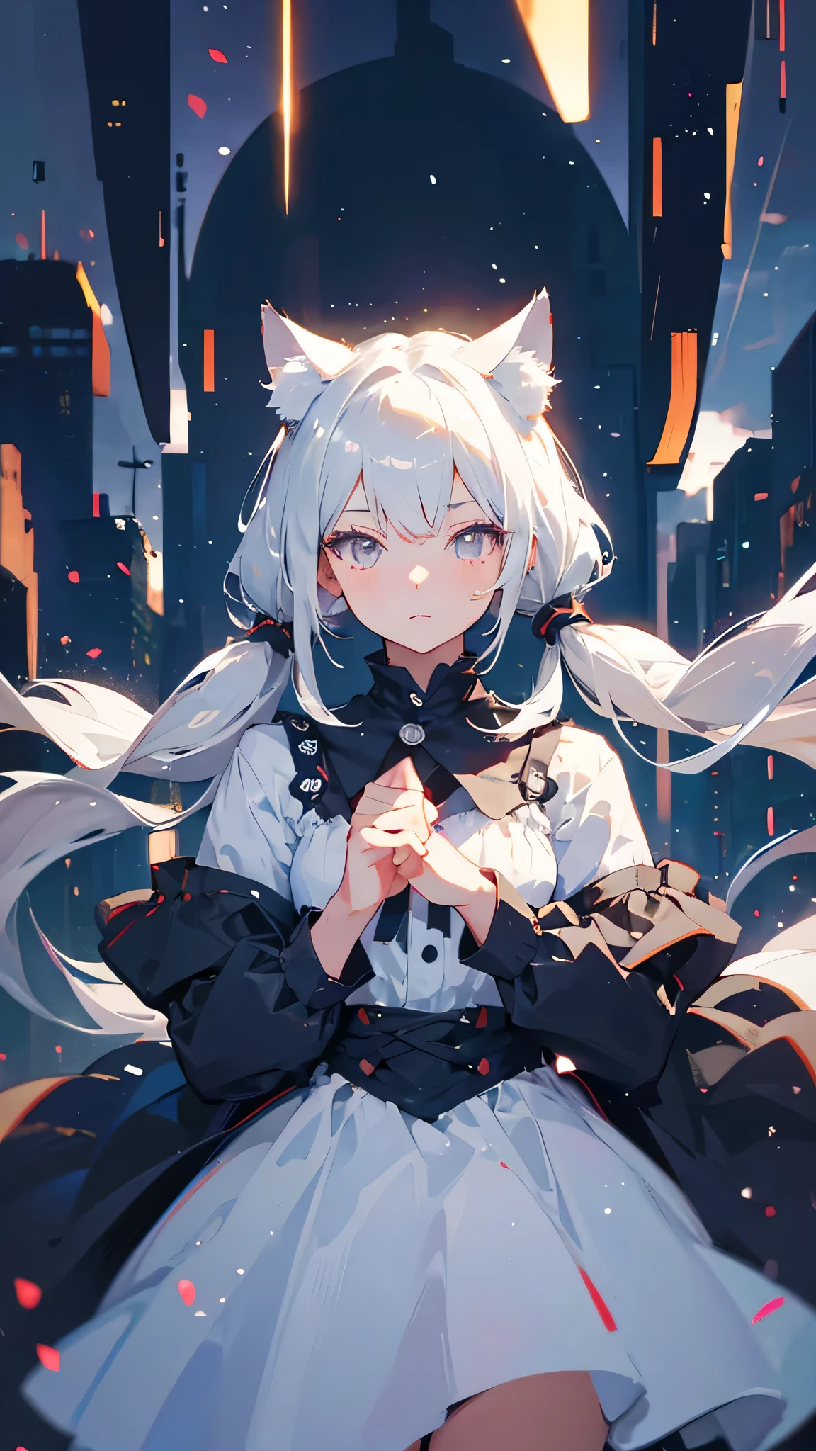 (masterpiece, highest quality, High resolution: 1.2), 1 girl, alone, Twin tails, Grey Eyes, Upper Body, dress, Silver Hair, Cat ear