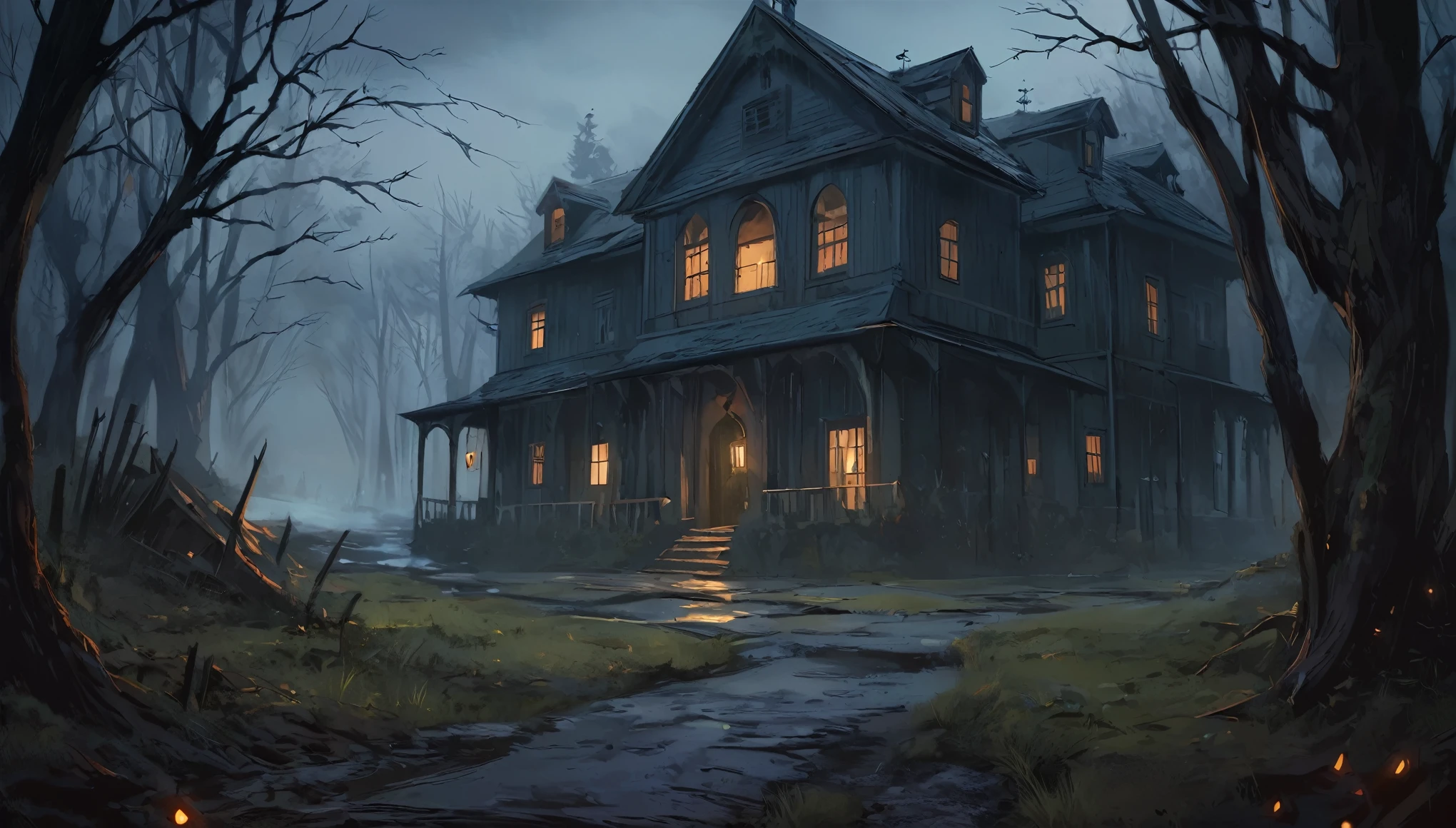 masterpiece, best quality, beautiful illustration, anime style, horror, Passages in the house, concept art, Spooky atmosphere, Spooky and terrifying Disturbing, Creeps, landscape painting.