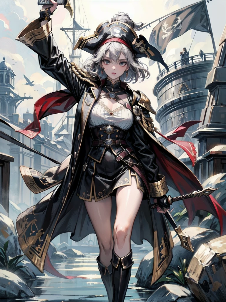 absurdres, RAW photo, extremely delicate and beautiful, masterpiece, Best Quality, ultra high resolution, 32k, hyperrealistic, ultra-detailed, perfect figure, detailed description, pale skin, 20 years old, detailed beautiful face and eyes, tearful mole, earring, short medium hair, wavy hair, full body, a heavily armored pirate, pirate captain, detailed metal armor, intricate pirate clothing, bold colors, highly detailed metal textures, flintlock pistol, cutlass sword,