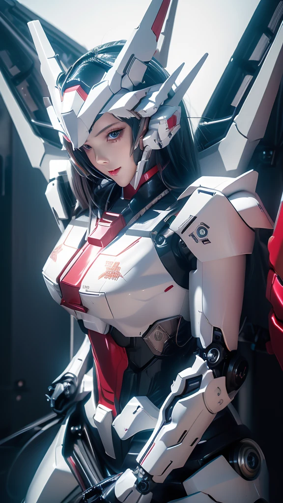 Textured skin, Super Detail, high details, High quality, Best Quality, hight resolution, 1080p, hard disk, Robot Girl,(Gundam Girl),beautiful cyborg woman,Mecha Cyborg Girl,Battle Mode,Girl with a Mecha Body,She wears a futuristic Gundam mecha,Fulll body Shot,Mobile Suit Girl