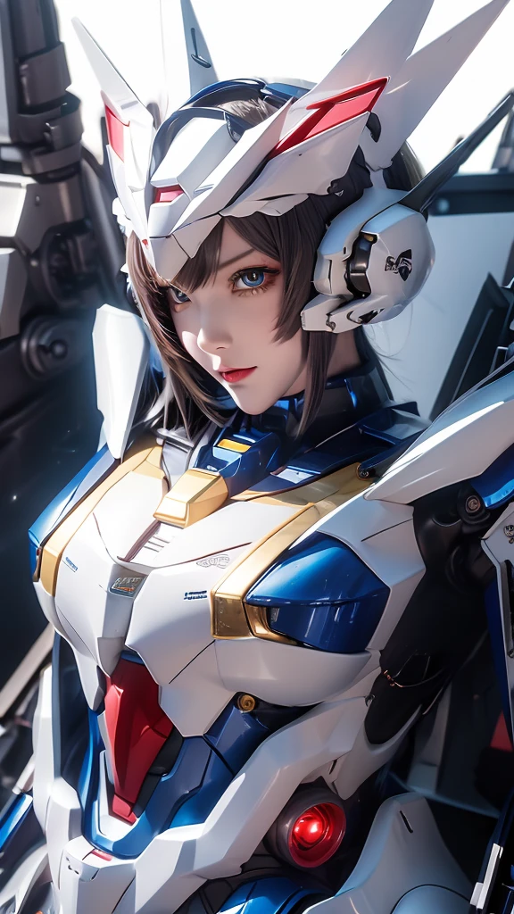 Pele texturizada, Super Detalhe, detalhes altos, alta qualidade, melhor qualidade, alta resolução, 1080p, disco rígido, garota robô,(Garota Gundam),linda mulher ciborgue,Garota Ciborgue Mecha,modo de batalha,Garota com corpo Mecha,Ela usa um mecha Gundam futurista,Tiro de corpo inteiro,Garota de terno móvel