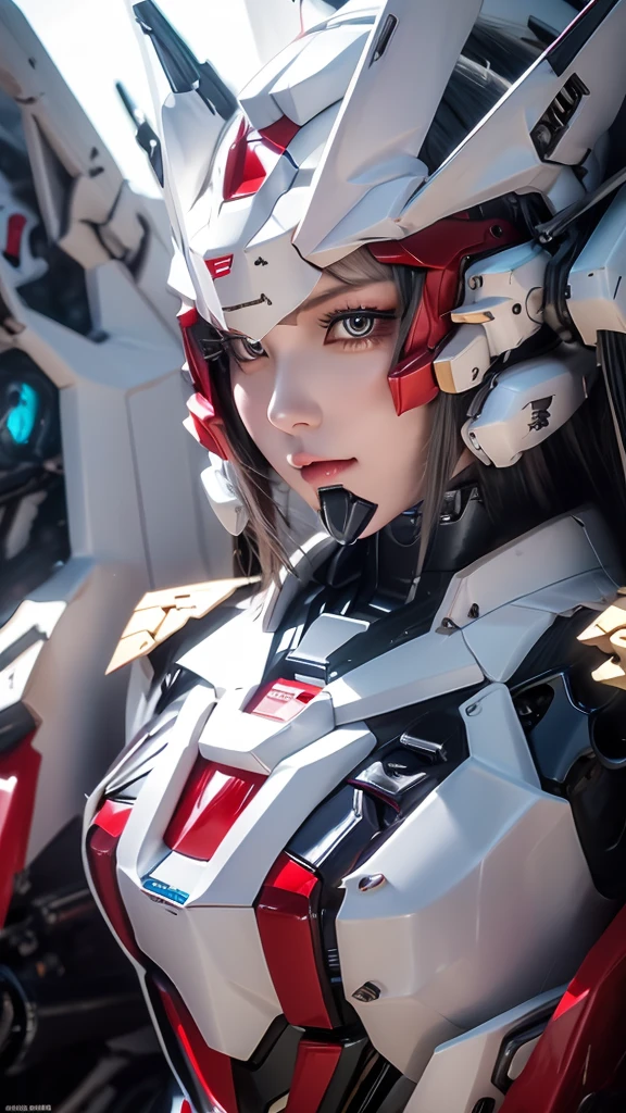 piel texturizada, Súper detalle, detalles altos, alta calidad, mejor calidad, alta resolución, 1080p, disco duro, chica robot,(Gundam Girl),hermosa mujer cyborg,Chica cyborg mecha,Modo de batalla,Chica con cuerpo de mecha,Lleva un mecha Gundam futurista.,Chica de traje móvil