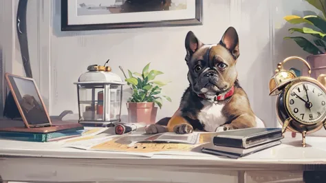 a woman is sitting at a desk with a laptop and a mobile phone,home employment, french bulldog and antique alarm clock on a desk