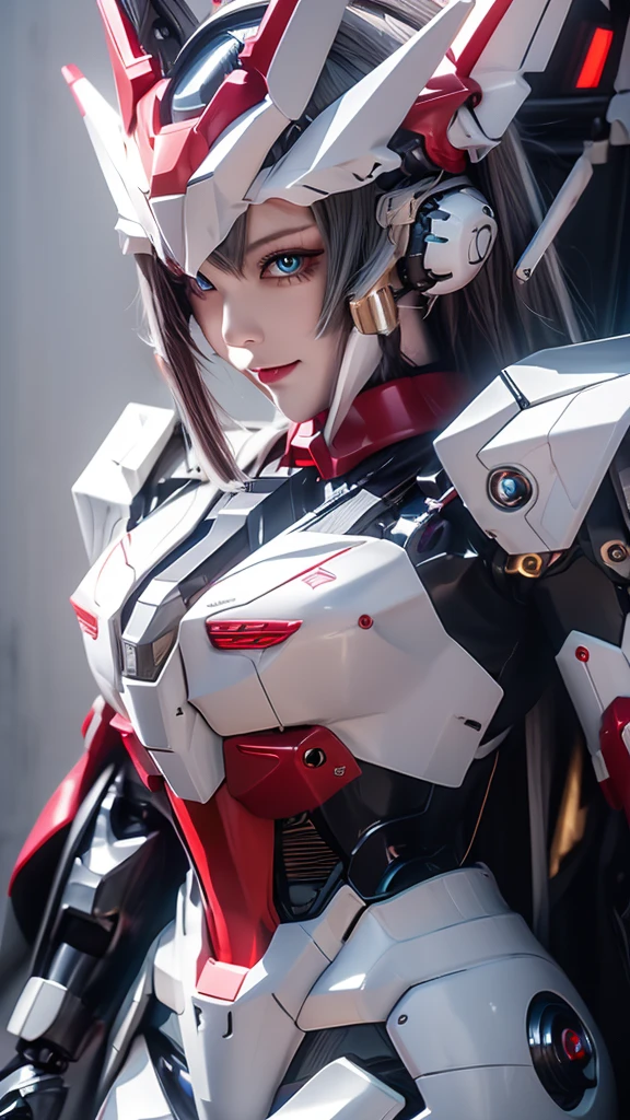 Textured skin, Super Detail, high details, High quality, Best Quality, hight resolution, 1080p, hard disk, Robot Girl,(Gundam Girl),beautiful cyborg woman,Mecha Cyborg Girl,Battle Mode,Girl with a Mecha Body,She wears a futuristic Gundam mecha,Fulll body Shot,Mobile Suit Girl