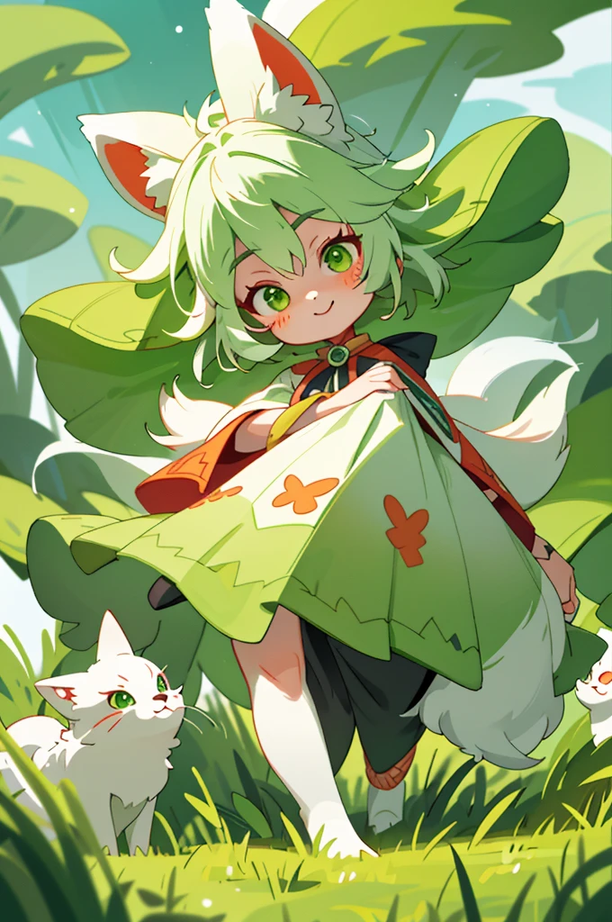 Ultra-Detailed Fantasy Anime Anthro Art Showcases a Stunning, Ultra-Cute White Fox Goddess with Vibrant, Emerald-Green Eyes. She is Adorned in a Festive Red Poncho, Featuring Intricate Black and Green Details, Accentuating Her Cheerful and Joyful Demeanor. The Poncho's Design is a Reflection of Her Bright and Lively Spirit. Her Fur, Shimmering White, Glows Under the Soft Light, Adding an Ethereal Quality to Her Majestic Presence. Her Eyes, Filled with Wisdom and Kindness, Sparkle with an Unparalleled