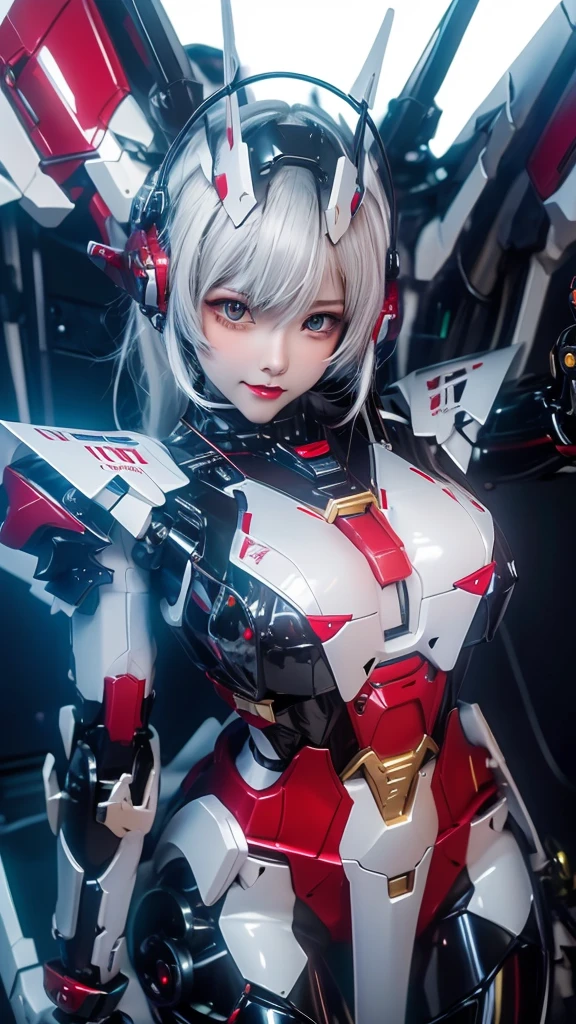 piel texturizada, Súper detalle, detalles altos, alta calidad, mejor calidad, alta resolución, 1080p, disco duro, chica robot,(Gundam Girl),hermosa mujer cyborg,Chica cyborg mecha,Modo de batalla,Chica con cuerpo de mecha,Lleva un mecha Gundam futurista.,Toma de cuerpo entero,Chica de traje móvil,ＷFoto de agujero