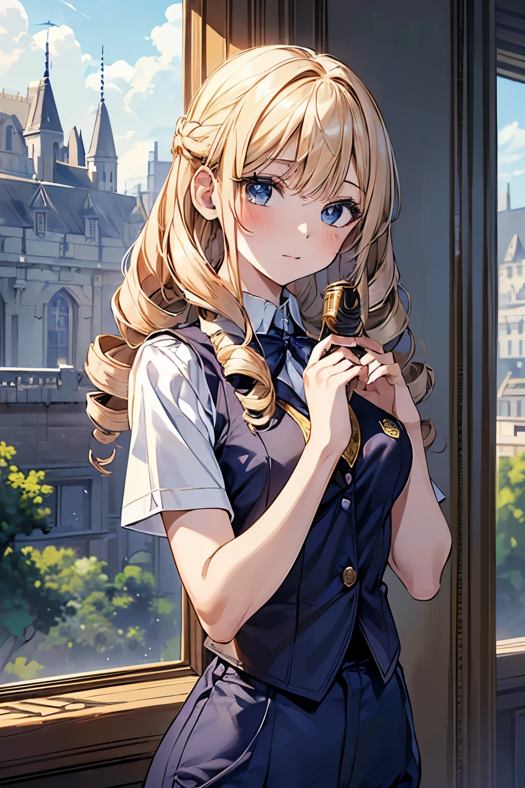 masterpiece、highest quality、Super detailed、An illustration、Beautiful detailed eyes、One girl、cute、Detailed landscape、Background of school grounds、(Blonde, Vertically curled drill hair:1.4)、((D cup breasts, Collared short-sleeved shirt:1.3, A navy blue vest with the school emblem on the chest, Navy blue slacks))