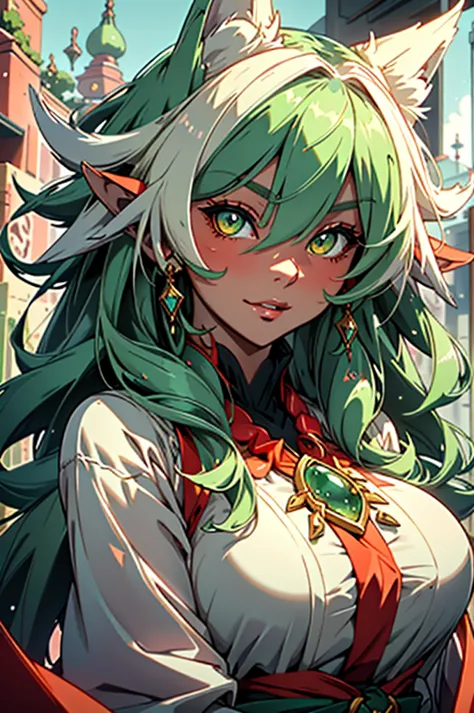 Ultra-Detailed Fantasy Anime Anthro Art Showcases a Stunning, Ultra-Cute White Fox Goddess with Vibrant, Emerald-Green Eyes. She...