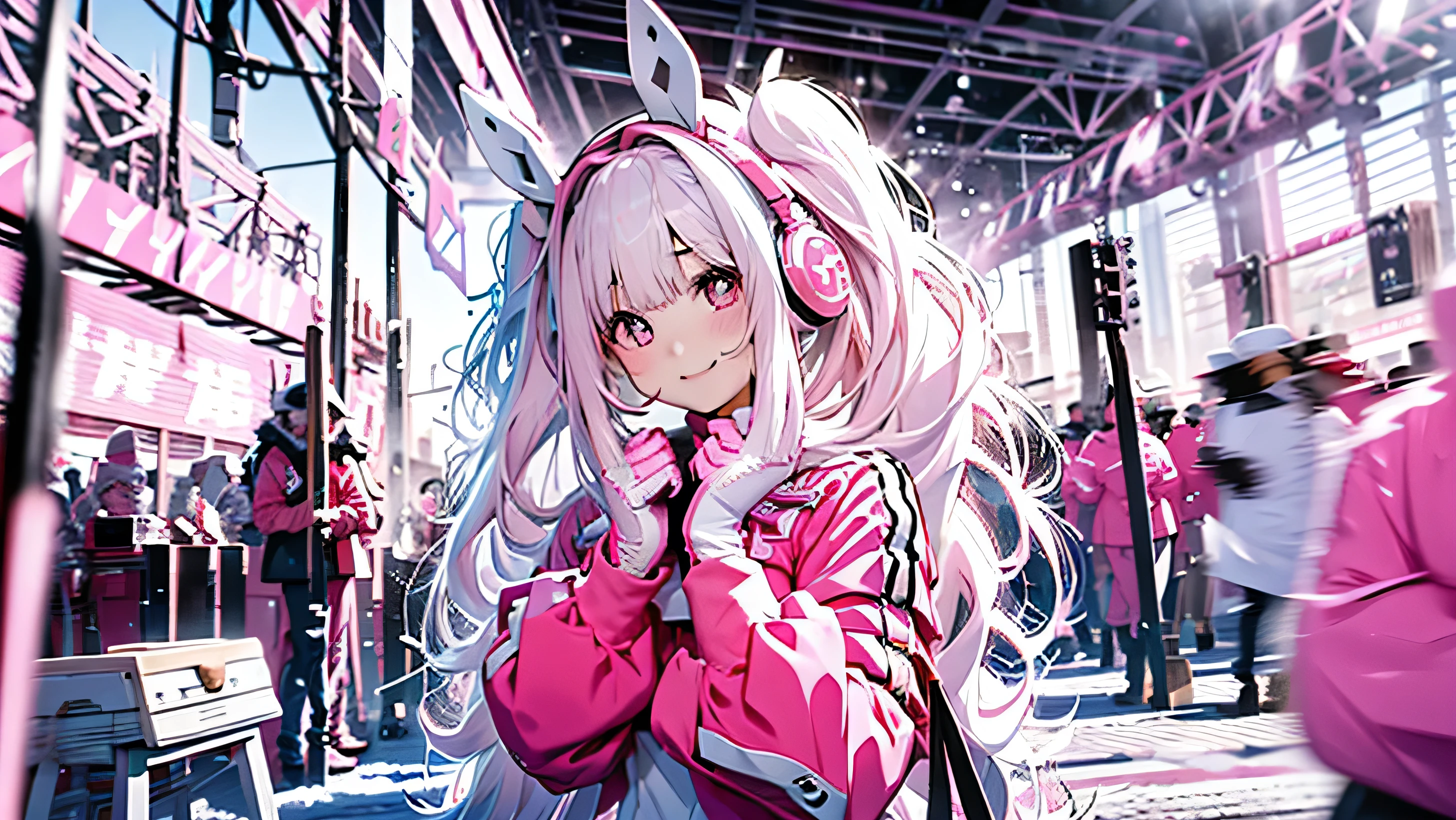 Pink white twintail hair , pink pupils , mechanical rabbit ears headset , pink body tights , Dark pink jumpsuit jacket , pink&White sneakers , always exciting , smiling ,pink sniper , snow mountain , snow rabbit , peaceful ,