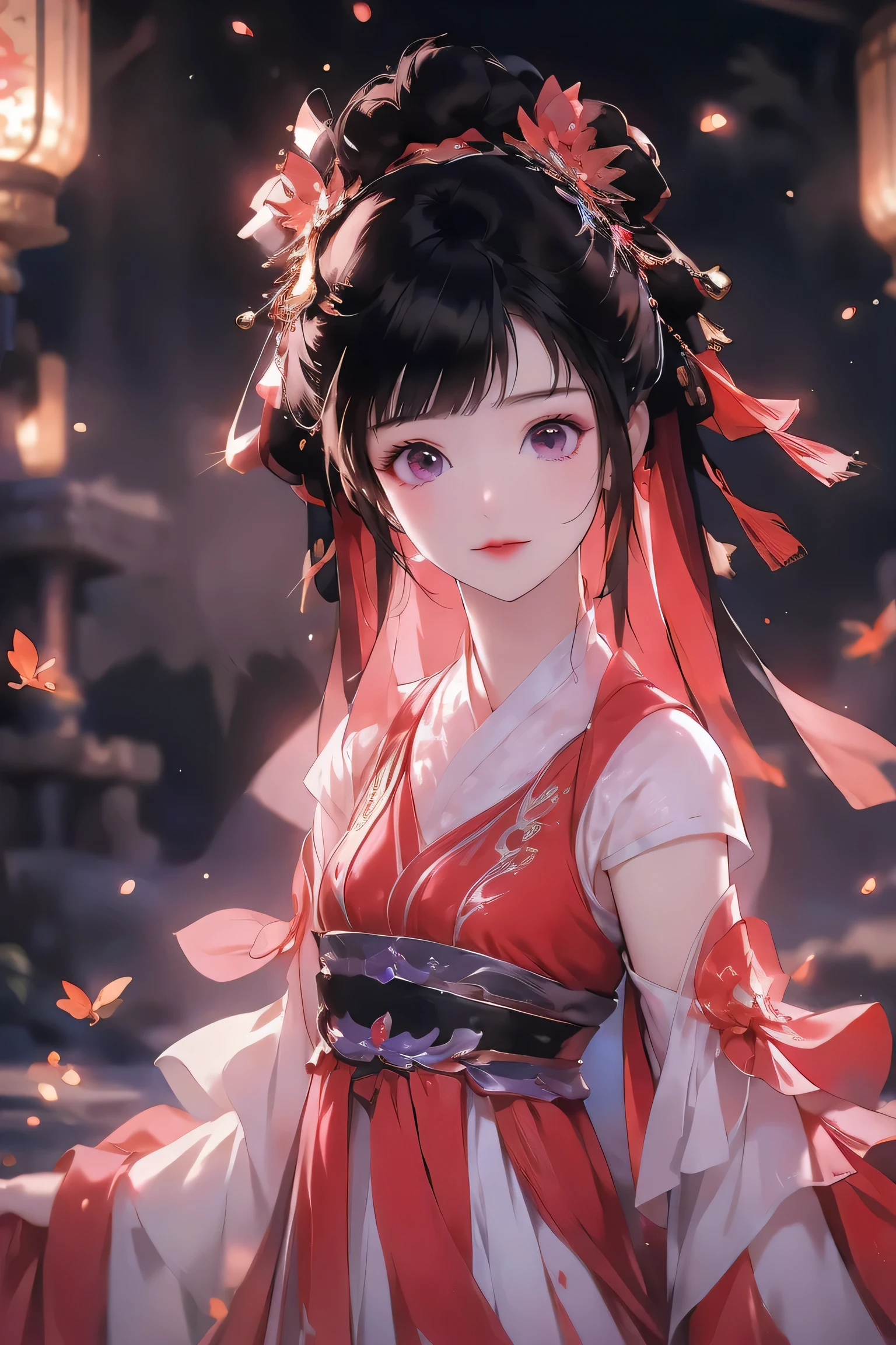 1 girl, a cute , has long black hair, bright purple eyes, smiling girl, girl wearing red hanfu,A cheerful girl, around her there are glowing butterflies,Cheerful, lively atmosphere, beautiful, sweet