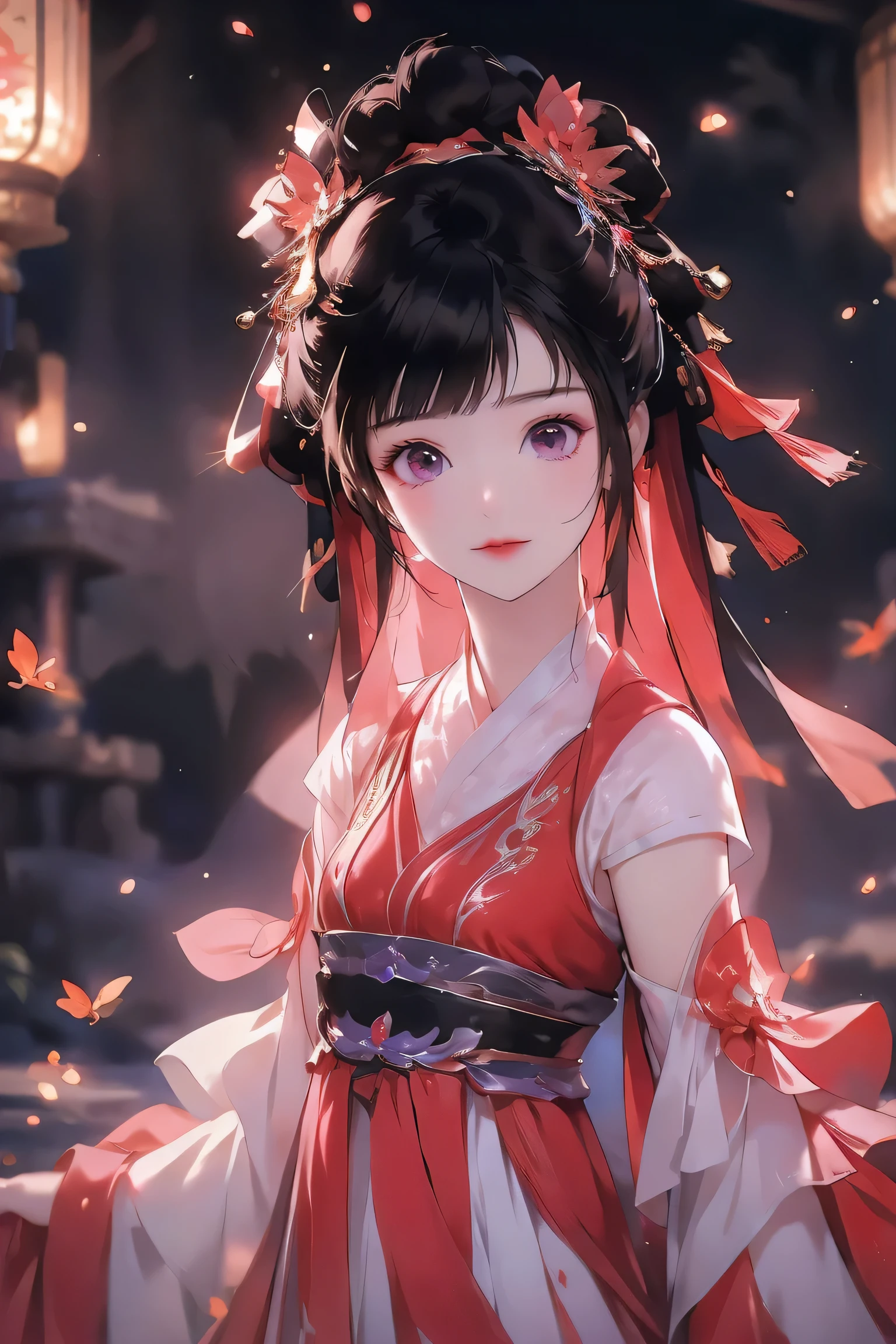 1 fille, Aigu , A de longs cheveux noirs, yeux violets brillants, fille souriante, fille portant un hanfu rouge,Une fille joyeuse, autour d&#39;elle il y a des papillons brillants,joyeux, Atmosphère animée, Beau, doux