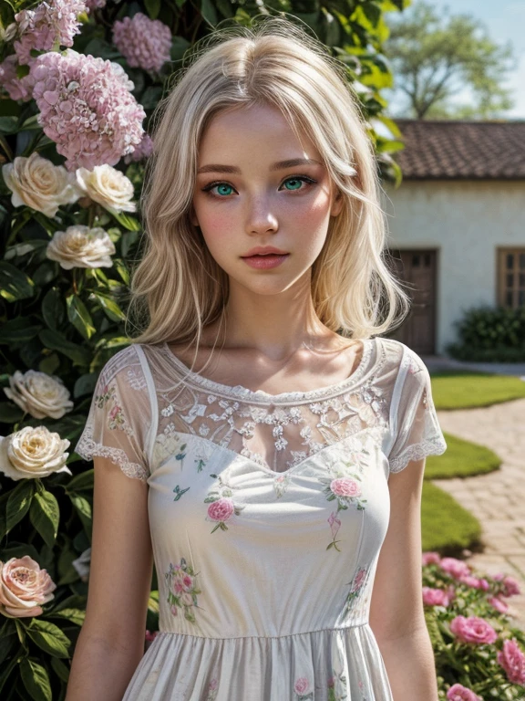 (Best quality,4K,a high resolution,masterpiece:1.2),ultra detailed,(realistic:1.37),beautiful detailed eyes,beautiful detailed lips,extremely detailed eyes and face,long eyelashes, albino girl with heterochromia,green eyes Slytherin style,white eyes,Girl in floral dress,A girl stands in a blooming garden with bright flowers,soft sunlight 