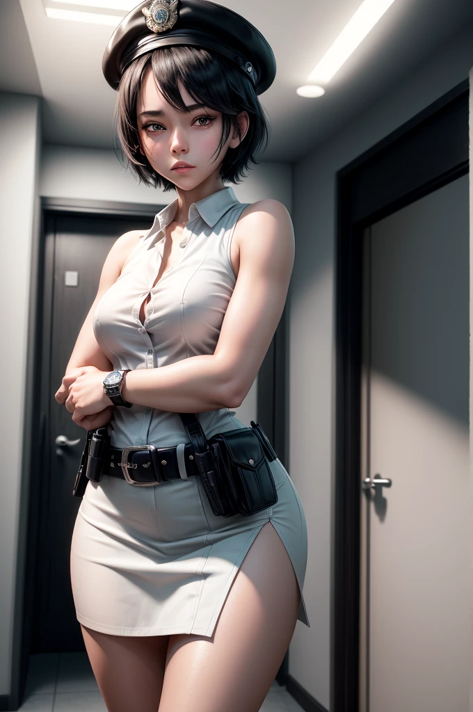 1 girl, ((alone:1.8)),Black Short Hair,Police uniform,belt,((watch:1.2)), White sleeveless collared shirt,（White ultra mini skirt:1.8）,Police hat, Blushing:1.2, Perfect light, 8k, masterpiece:1.2, Very detailed, Realistic:1.37, Full HD, Police station hallway,indoor,(Front shot:1.3),(Are standing),((Alluring face:1.2))