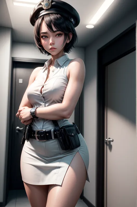 1 girl, ((alone:1.8)),black short hair,police uniform,belt,((watch:1.2)), white sleeveless collared shirt,（white ultra mini skir...