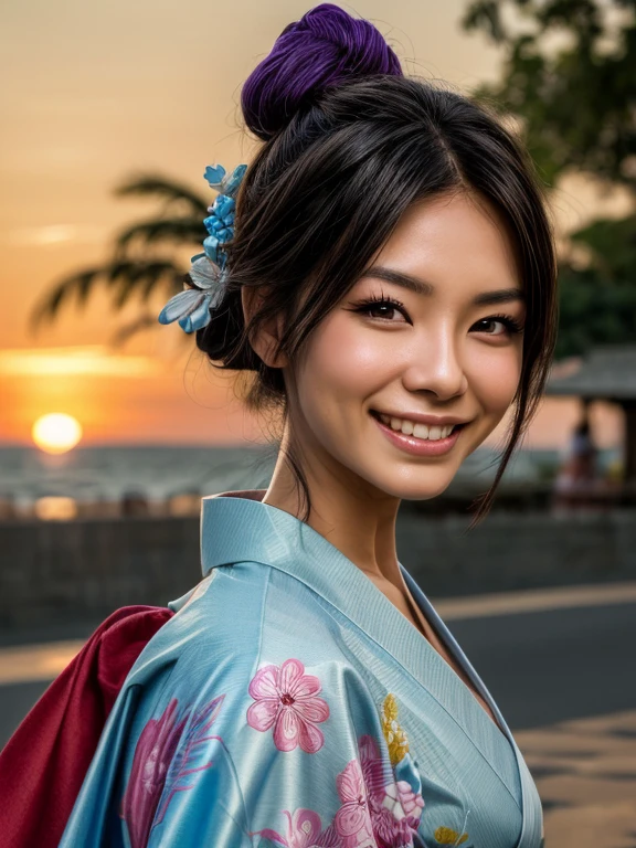 (((top quality, 8K, masterpiece))), Clear Focus, (Beautiful woman with perfect figure), Slim, (A hairstyle: up)), ((kimono: Cane)), street: 1.2. highly detailed face and skin texture. detailed eyes. Double eyelids. random pose., (smile),super cute Japan person,super beauty Japanese girl, realistic face, Double eyelid,smile,summer festival , On the Sunset ,Fireworks background.