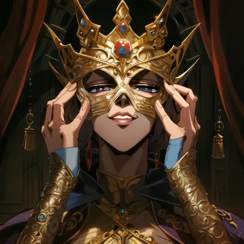 woman putting on a crown that is also a mask, in the style of magic the gathering, fantasy

