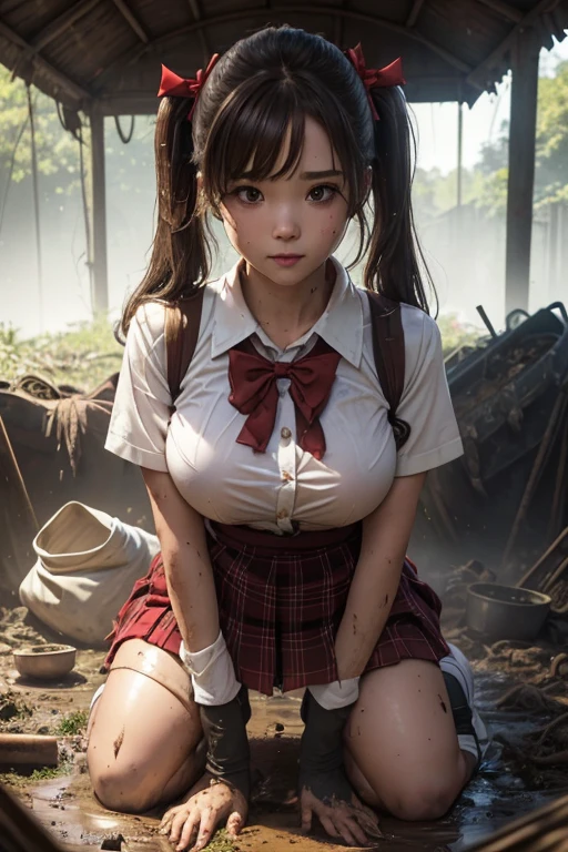 school girl in forest , tropical rainforest , waistband of skirt is at the point above chest , school girl big breast , red knot , red bow , skirt dark red , plaid skirt , pleated skirt , dirty white Shirt , realisitic、top-quality、crisp photos 、a lot of garbage and junk 、((beautiful a girl、Constricted waist、Neat face、Most beautiful face、Elaborate face、dense dirty brown hair、Refreshing look、Pleasant look、Happy expression、Joy covered in filth、Glad to get dirty))、(dirty school girl uniform、Tangier、brawn hair)、((long and beautiful legs are dirty、Lying face down on filth、Girl with beautiful ass、Scoop out filth with both hands、Beautiful girl's hair is covered in mud、The joy of lying in dirty sewage))、(((I want to smear filth all over my body.、A large amount of sewage flows down the head、The whole body is full of filth、Stick out your buttocks and open your legs、a large amount of dirty garbage and waste,,、Heaps of garbage)) , twin tails hair , dirty white Pantyhose , School shoes, dirty white socks