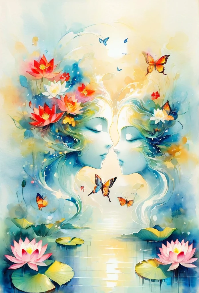 This abstract watercolor flower painting shows a light and refreshing visual effect。Lotus flowers and butterflies intertwined in the lake，Forming the perfect combination of nature and romance。The screen is dominated by a white background，Highlight isolated watercolor flower。Splash technology recreates wet conditions，The atmosphere seems vague and dreamy。Unique compositions and abstract representation add to the artistic feel of the picture，Contains elements of surrealism。The overall color tone is mainly light tones，Red and gold complement each other，Reveal high-resolution details。The ink splash effect adds a touch of agility to the picture，The pale color gives the flowers a deep and restrained beauty.
