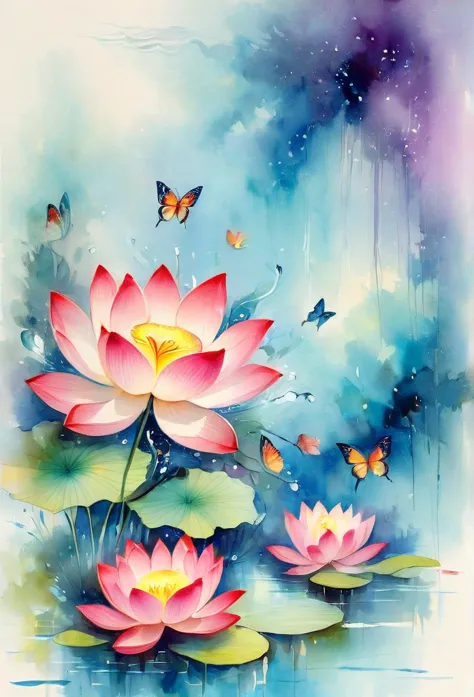 This abstract watercolor flower painting shows a light and refreshing visual effect。Lotus flowers and butterflies intertwined in...