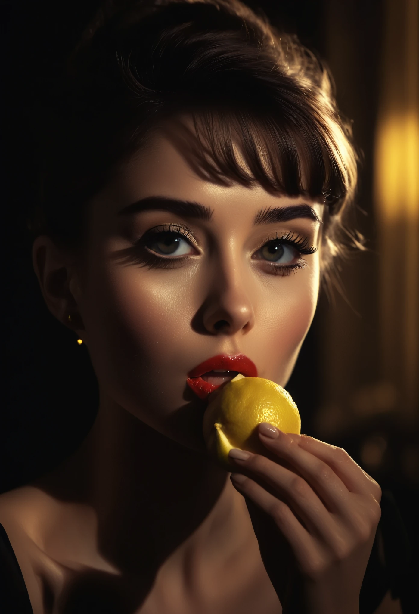 a beautiful woman with audrey hepburn inspired look, eating a lemon, close-up portrait, dramatic chiaroscuro lighting, high contrast, moody and atmospheric, dark and mysterious, detailed facial features, full lips, big expressive eyes, elegant and graceful, vintage inspired, cinematic, (best quality,4k,8k,highres,masterpiece:1.2),ultra-detailed,(realistic,photorealistic,photo-realistic:1.37),dramatic lighting,dramatic shadows,dramatic highlights,dramatic mood,dramatic atmosphere,dramatic expression,dramatic pose,dramatic angle,dramatic composition