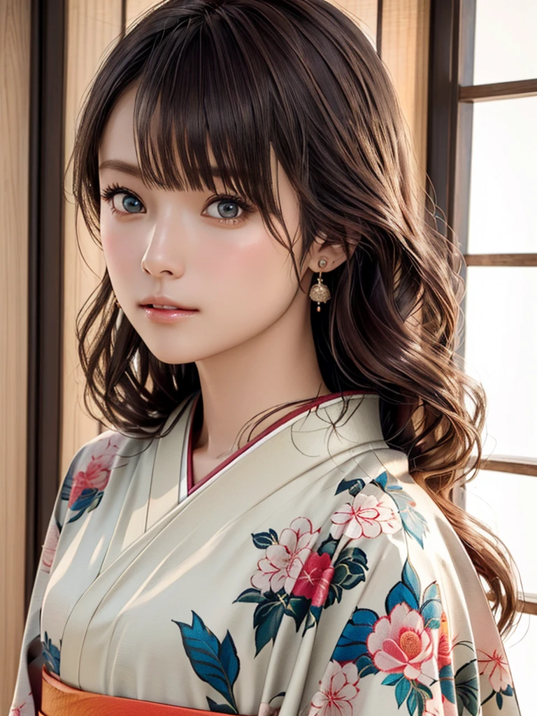 (highest quality、8k、32k、masterpiece)、(masterpiece,up to date,Exceptional:1.2), anime,One girl,Front hair,black_hair, Beautiful 8k eyes,Looking_in_Audience,One person in,Are standing,((Very beautiful woman, Fuller lips, Japanese pintern kimono))、((Colorful Japanese kimono)))、(((Medium Shot)))、Blunt bung、(High resolution)、Very beautiful face and eyes、1 girl 、Round and small face、Narrow waist、delicine body、(highest quality high detail Rich skin details)、(highest quality、8k、Oil paints:1.2)、Very detailed、(Realistic、Realistic:1.37)、Bright colors、(((blackhair)))、(((Long Hair)))、(((cowboy pictures)))、((((bokeh)),( Inside an old Japanese house with a (short focus lens:1.47),)))、(masterpiece, highest quality, highest quality, Official Art, beautifully、aesthetic:1.2), (One girl),(Fractal Art:1.3),colorful,Most detailed,Sengoku period(High resolution)、Very beautiful face and eyes、1 girl 、Round and small face、Tight waist、Delicine body、(highest quality high detail Rich skin details)、(highest quality、8k、Oil paints:1.2)、(Realistic、Realistic:1.37)、Greg Rutkowski Written by Alphonse Mucha Ropp,short ,(focus lens:1.4),uchikake,nishijin ori