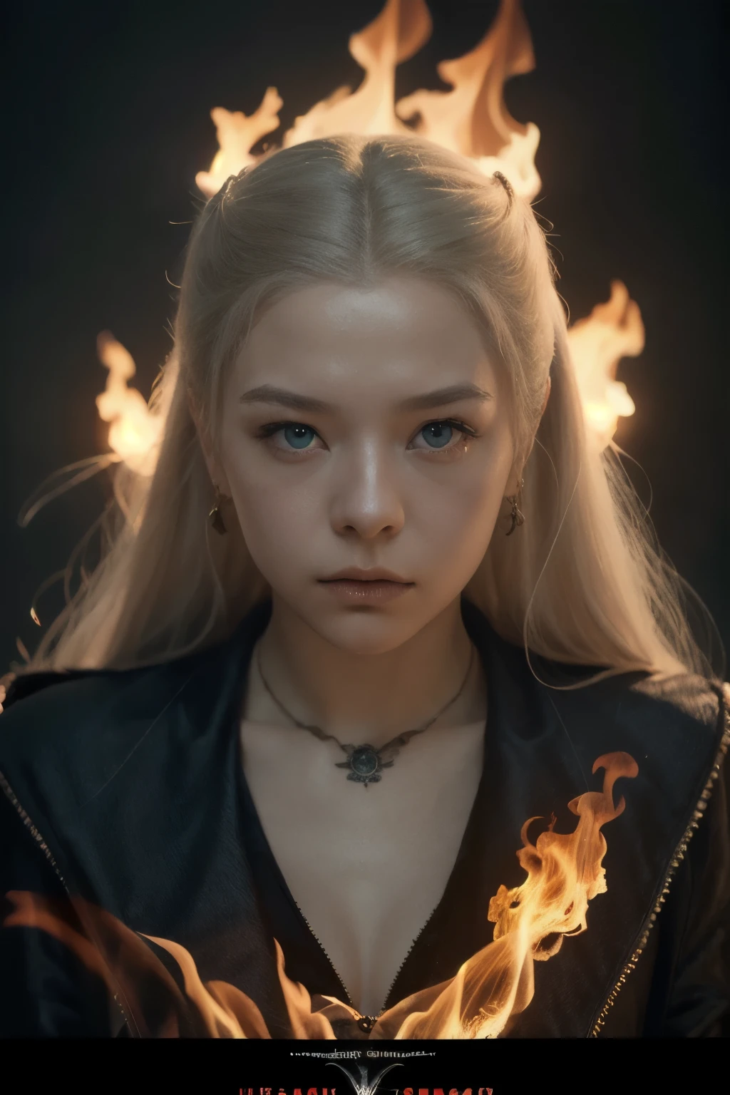 (masterpiece, best quality:1.2),  solo, (((Cinematic heavy metal poster))) of Rhaenyra Targaryen, Gothic style,  (a detailed RAW photo of a ), (master part:1.0), (best quality:1.4), (Ultra Highres:1.2), (photorealistic:1.4), 8K resolution, Canon EOS R5, 50 millimeters, Absurd, Ultra Detailed, sharp focus, Cinematic lighting, detailed face,  (ULZZANG-6500-V1.1), detailed skin texture, pale skin, chest round, (pale :0.5), Cinematic lighting. (((Abstract flames background, cinematic lighting )))