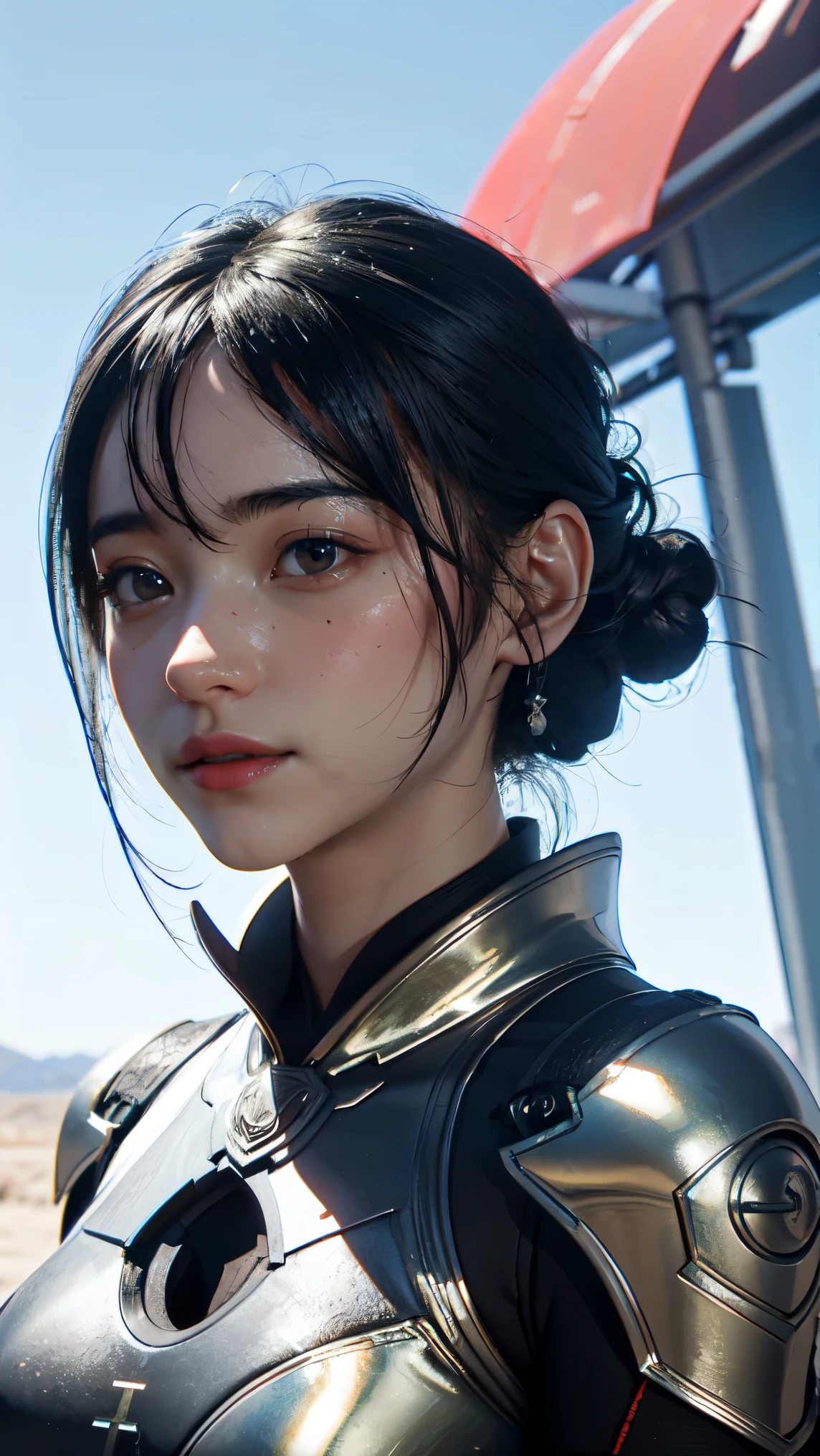 Game art，The best picture quality，Highest resolution，8K，(A bust photograph)，(A bust:1.5)，(Portrait)，(Head close-up)，(Rule of thirds)，Unreal Engine 5 rendering works， (The Girl of the Future)，(Female Warrior)， 20-year-old girl，An eye rich in detail，(Big breasts)，Elegant and noble，indifferent，brave， (Future style combat suit combining the characteristics of ancient armor，Ancient runes of light，Combat accessories with rich detailetallic luster)，Future police，cyberpunk characters， photo poses，simple background，Movie lights，Ray tracing，Game CG，((3D Unreal Engine))，OC rendering reflection pattern