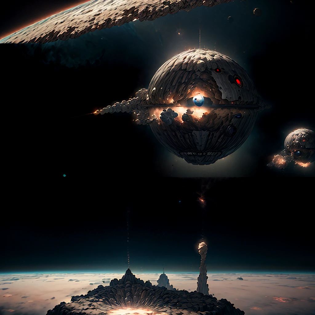 Masterpiece, best quality, (highly detailed CG unity 8k wallpaper), (best quality), (best illustration), (best shadows), isometric 3D , octane rendering, ray tracing, highly detailed, 
Far view of the Asteroid with a Space-pirates hidden base