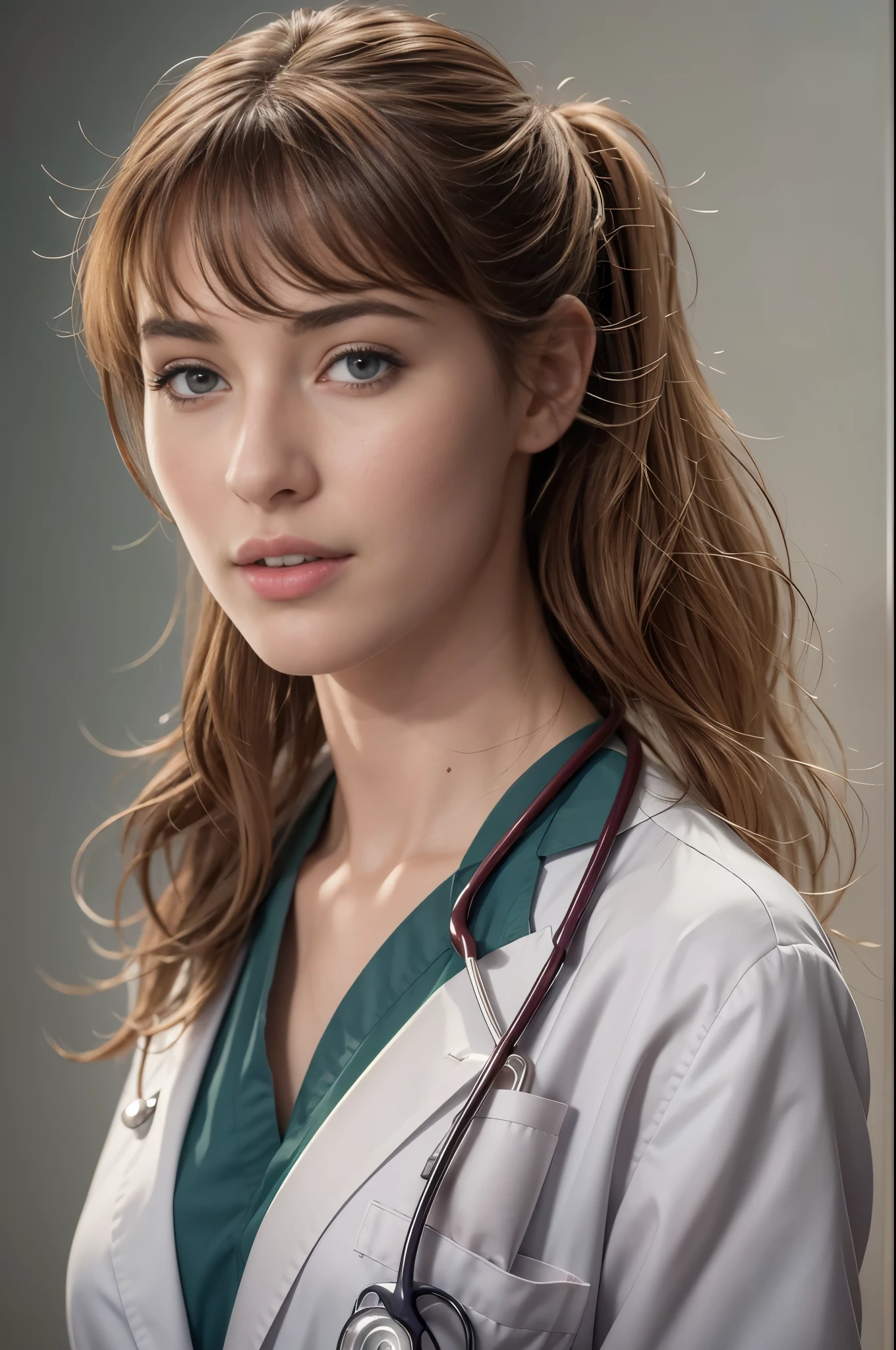 (Louise Bourgoin), Masterpiece, best quality, extremely detailed, hyperrealistic, photorealistic, a half body shot of a beautiful 20 years old french model, (doctor, hospital, doctor uniform:1.1), ultra detailed face, with bangs, light brown hair in a ponytail, pale skin, brown eyes, slender body, 16K, ultra high res.photorealistic, UHD, RAW, DSLR