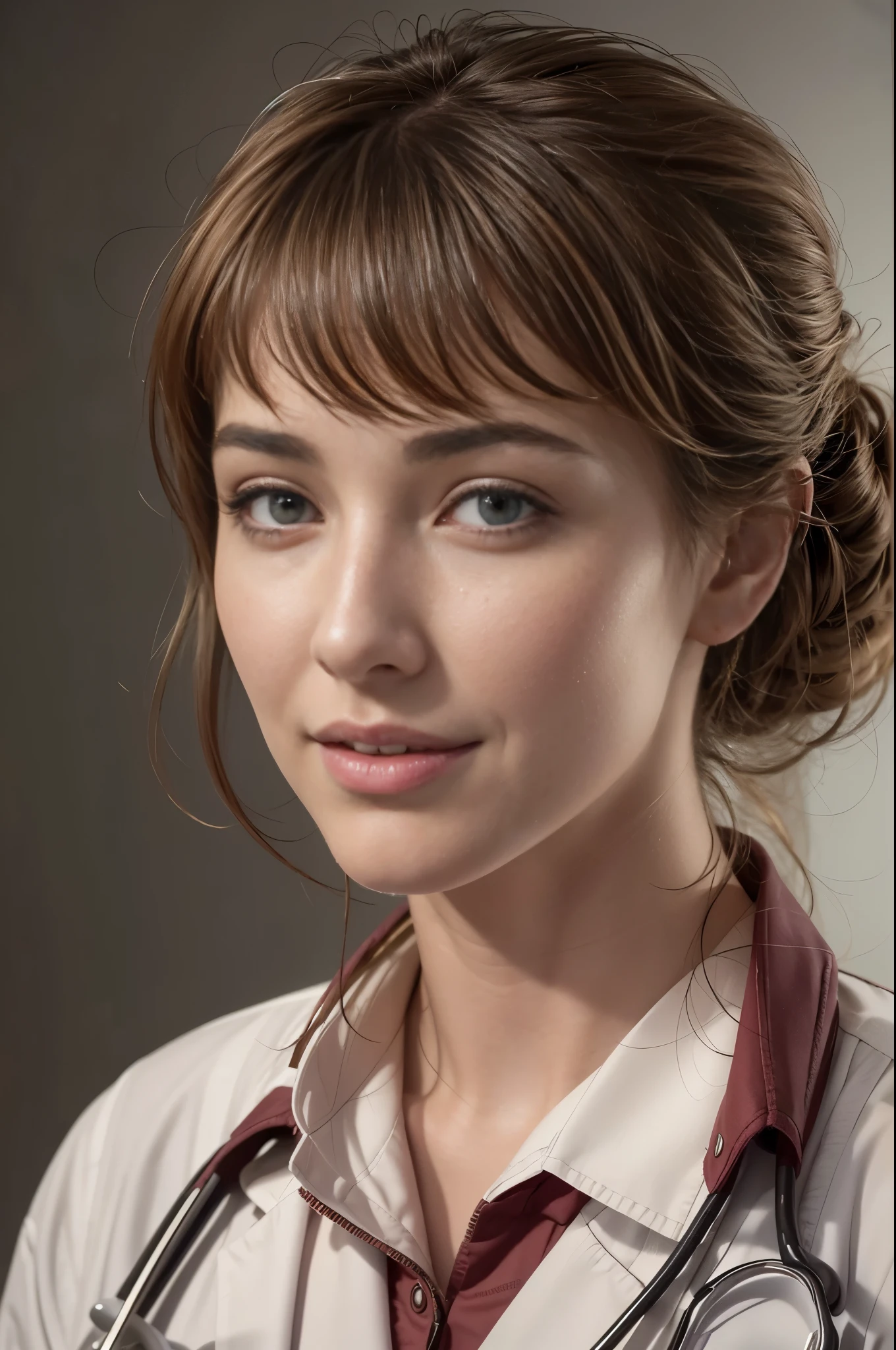 (Louise Bourgoin), Masterpiece, best quality, extremely detailed, hyperrealistic, photorealistic, a half body shot of a beautiful 26 years old french actress, (doctor, hospital, doctor uniform:1.1), ultra detailed face, with bangs, light brown hair with bun, pale skin, brown eyes, slender slim body, 16K, ultra high res.photorealistic, UHD, RAW, DSLR