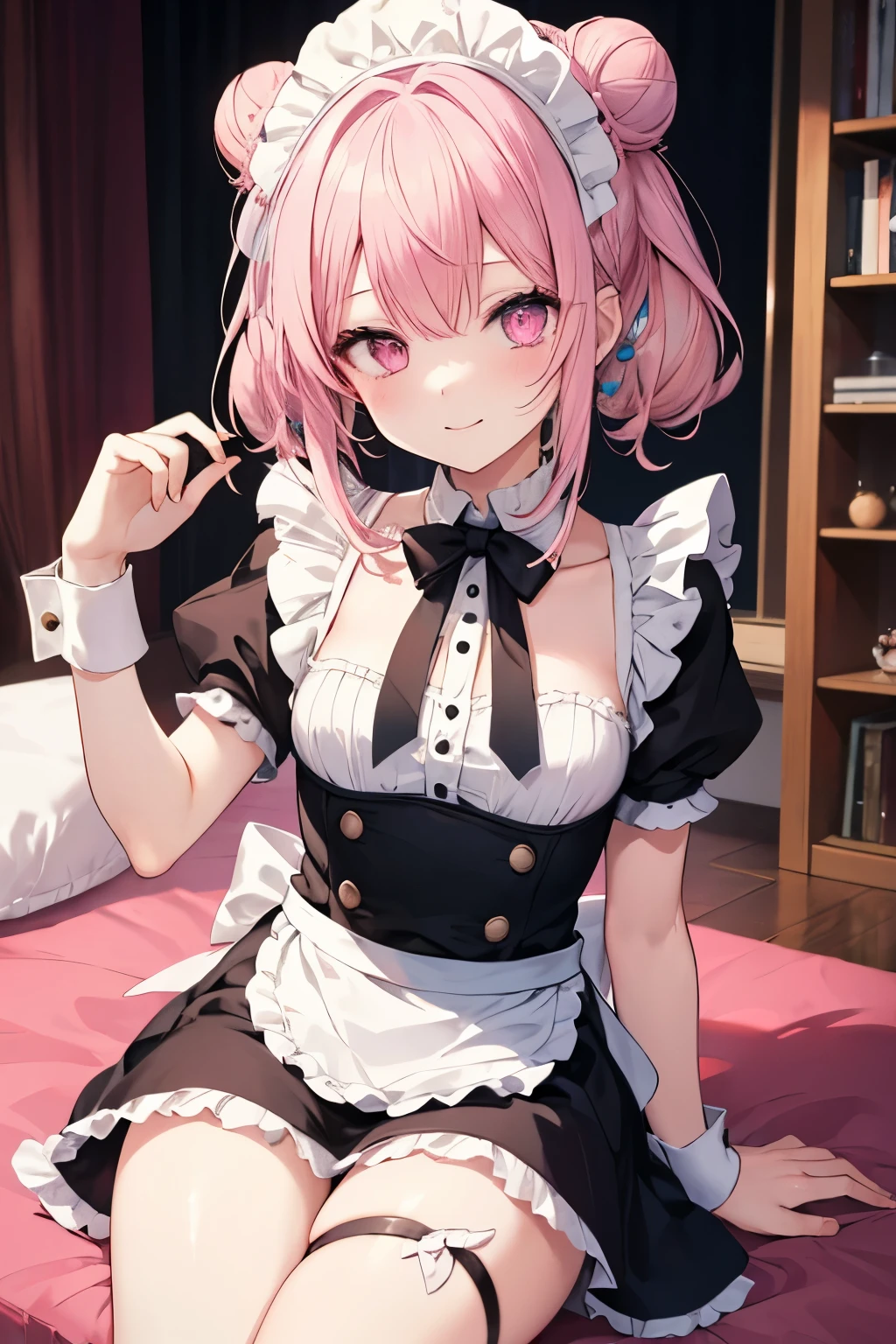 Pink Hair, Pink Eyes、girl、Small breasts、Hair Bun、girl、Small breasts、Bright smile、Looks about 15 years old、Petan Musume、He is short、Eye highlights、Sexy thighs、Wearing maid uniform
