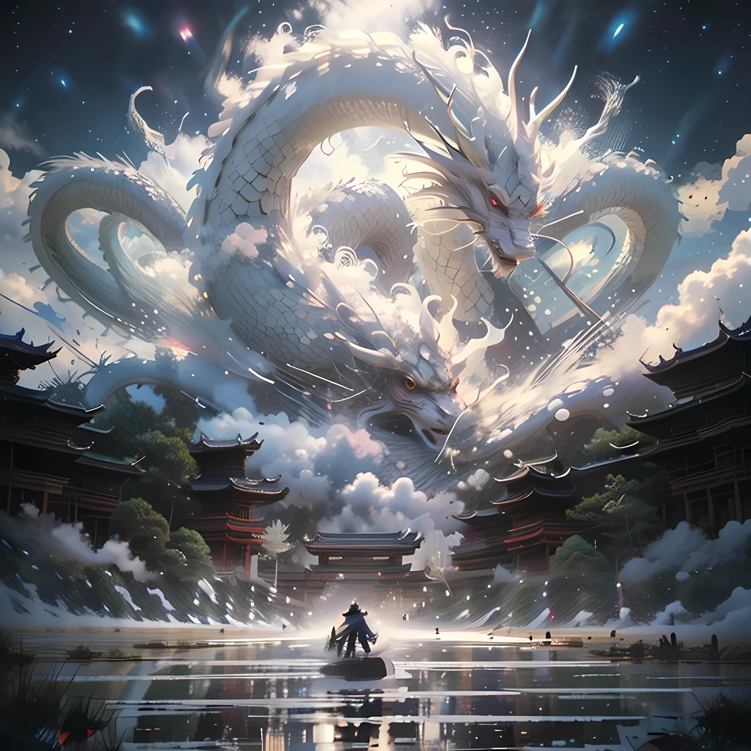 bj_Sacrouge_bEst,rouge_yeux,En plein air,cornes,Ciel,nuage,Non_humains,oiseau,nuagey_Ciel,paysage,escaliers,fantaisie,dragon,architecture,Est_asiatique_architecture,Estern_dragon,Éclairage cinématographique,fort contraste,Haut niveau de détail,Meilleure qualité,chef-d&#39;œuvre,